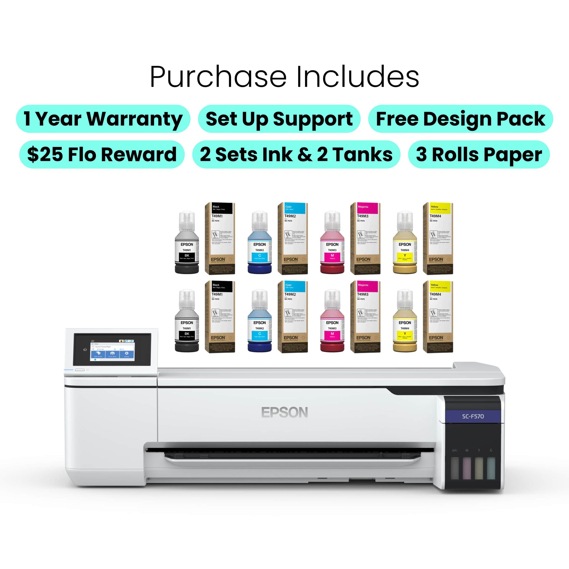 epson f570 purchase includes 1 year warranty, support, design pack, flo reward, 2 sets ink, 2 tanks & 3 rolls paper