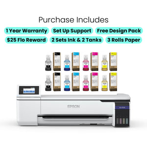 epson f570 purchase includes 1 year warranty, support, design pack, flo reward, 2 sets ink, 2 tanks & 3 rolls paper