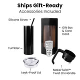 Gift-ready accessories including a tumbler, silicone straw, leak-proof lid, MakerTwist twist-on handle, and gift box with care card on a white background.