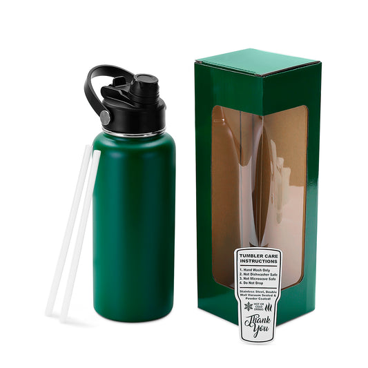 green powder-coated water bottle with box and straw