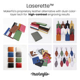 laserette sample packs, MakerFlo proprietary leatherette blanks for uv printing or laser engraving - journals, passport wallets, luggage tags, mens wallet, bottle opener coaster, motel keychains