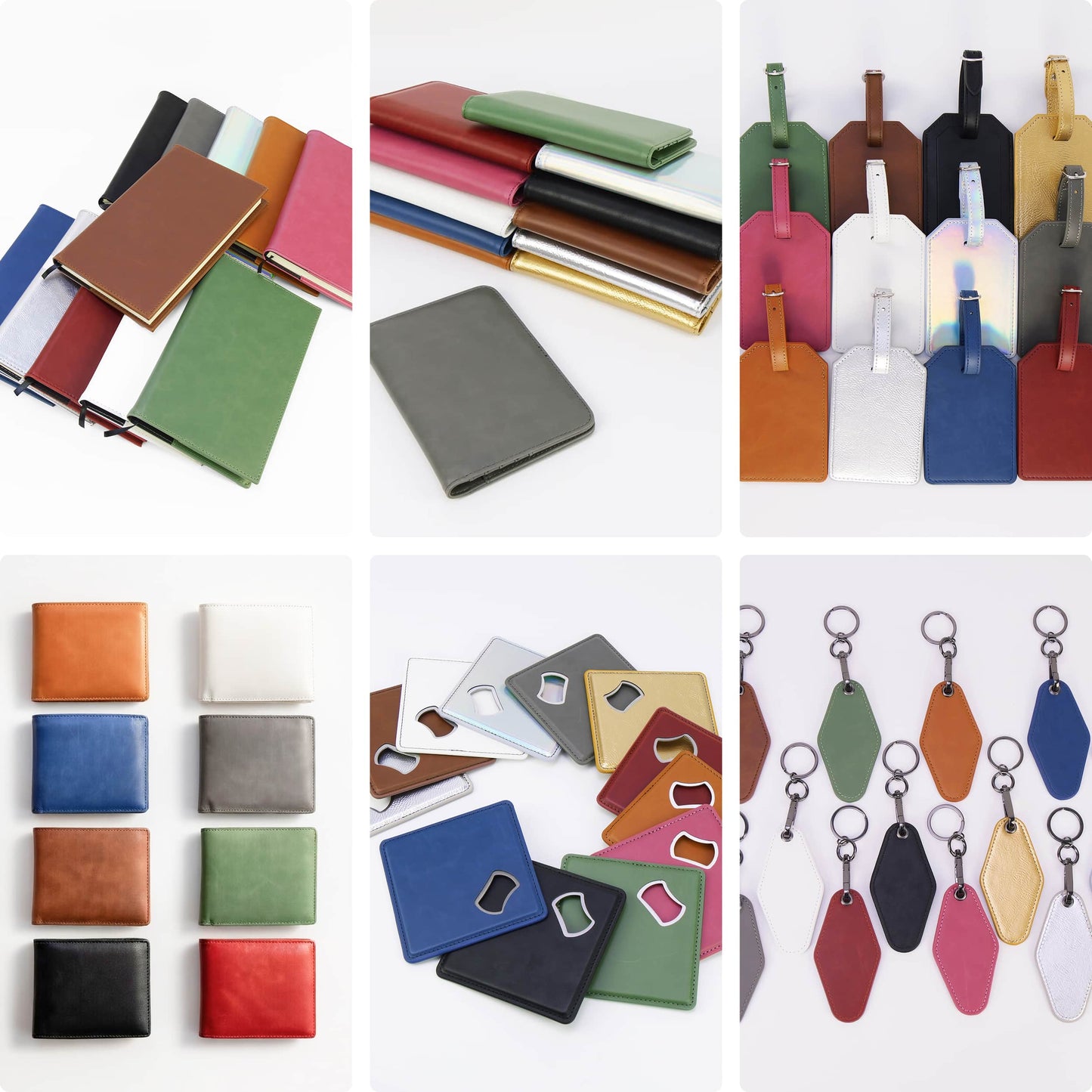 laserette sample packs, MakerFlo proprietary leatherette blanks for uv printing or laser engraving - journals, passport wallets, luggage tags, mens wallet, bottle opener coaster, motel keychains