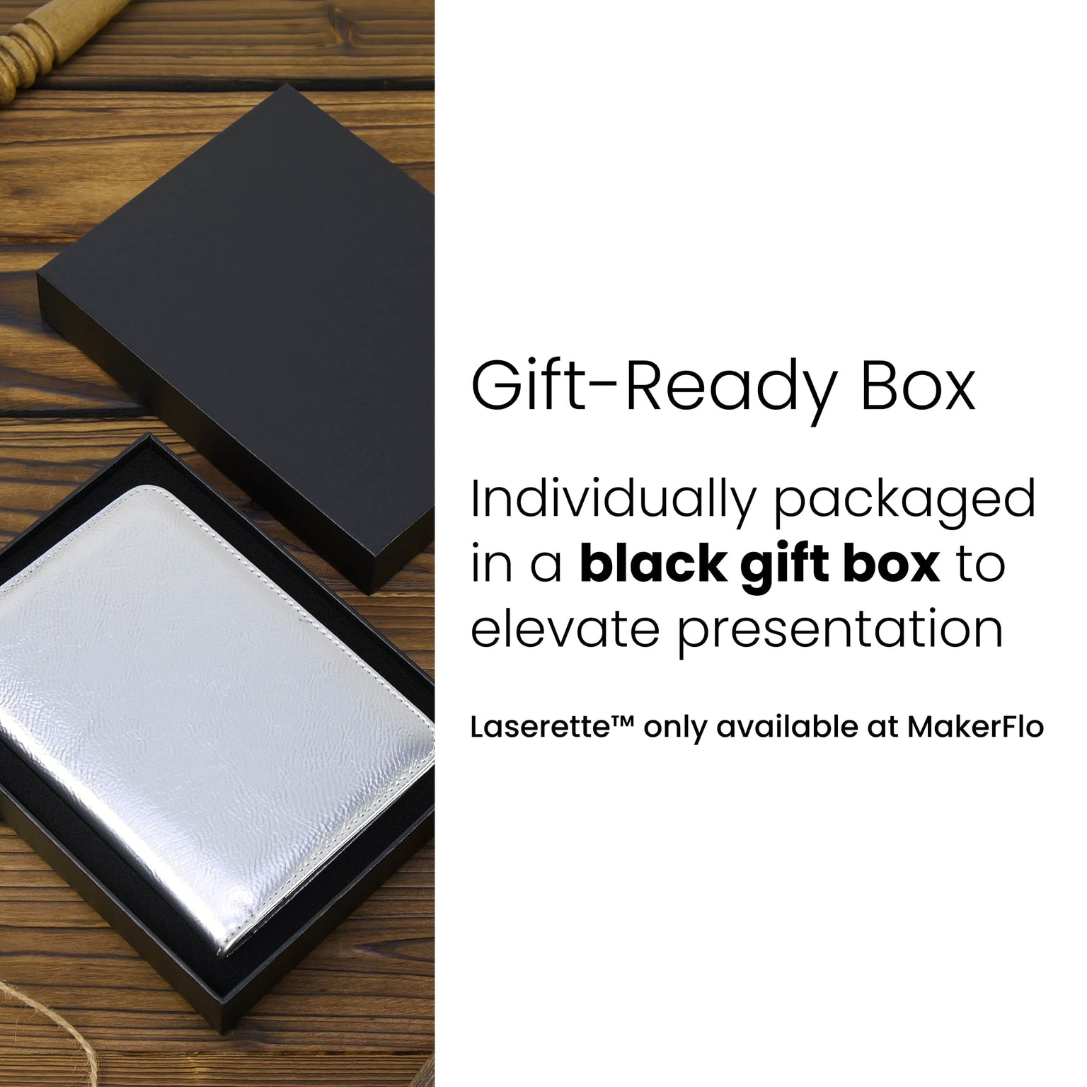 Laserette, gift ready black gift boxes with foam insert