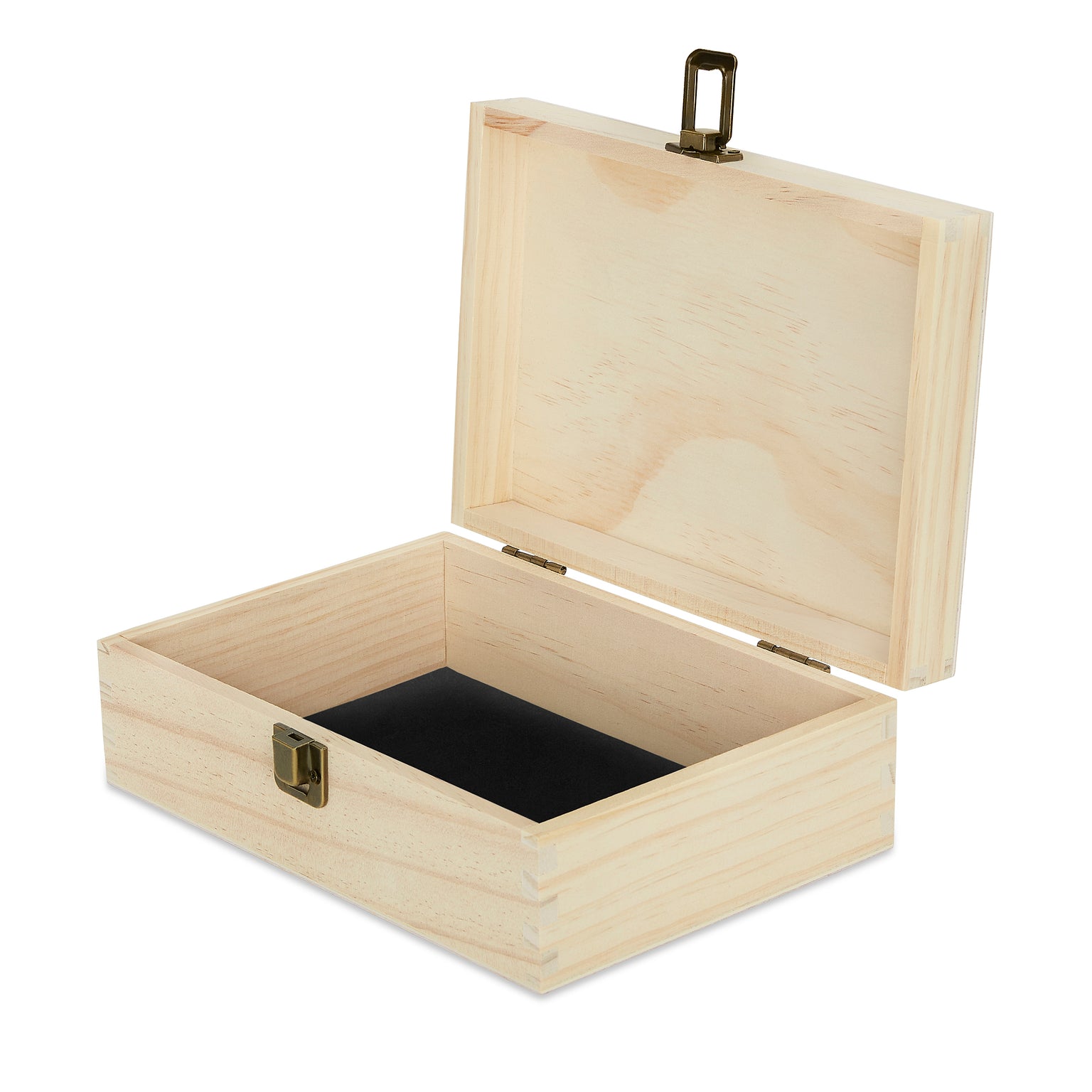 wood memory box, hinged lid, front clasp and felt lined