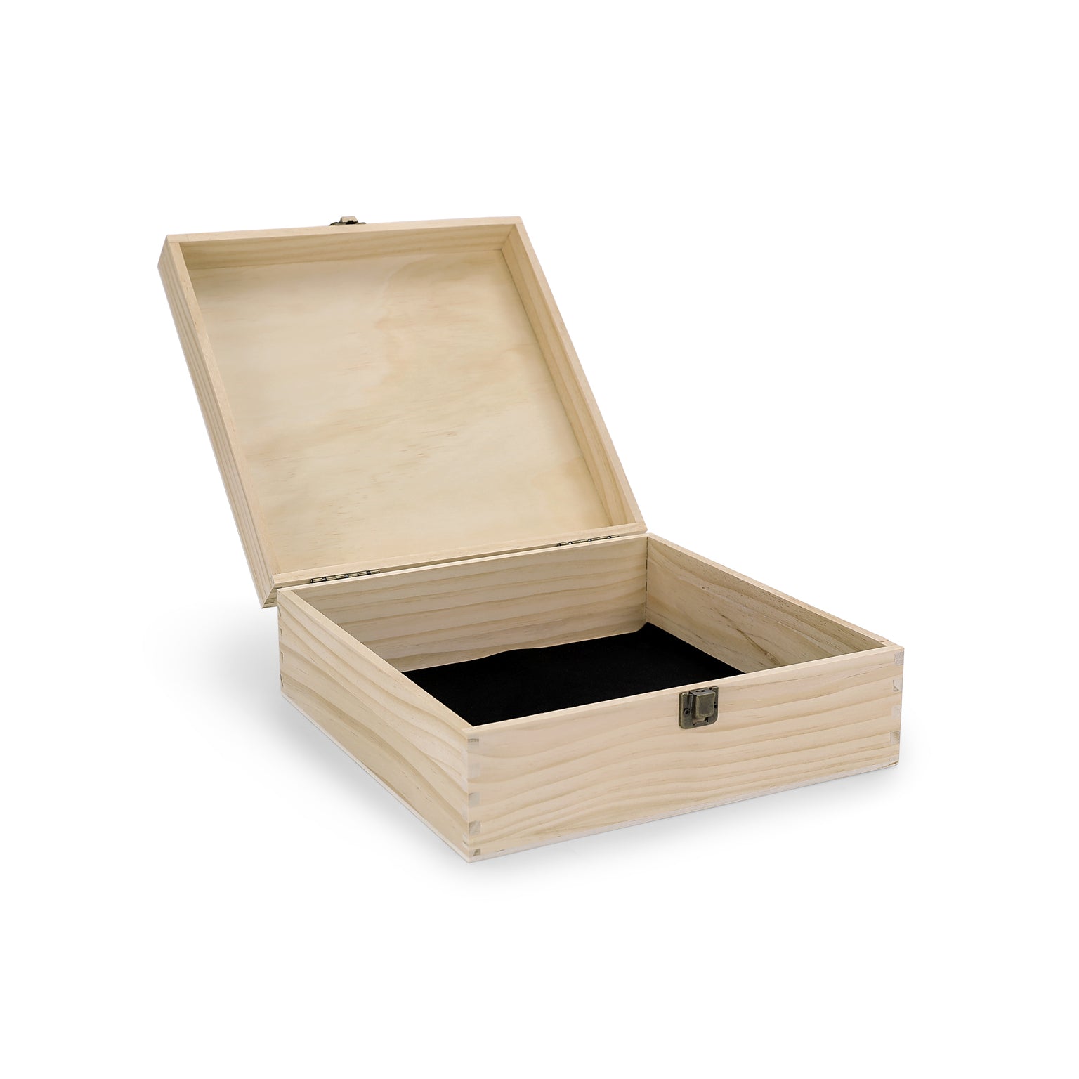 wood storage box, open, hinged lid and felt lined
