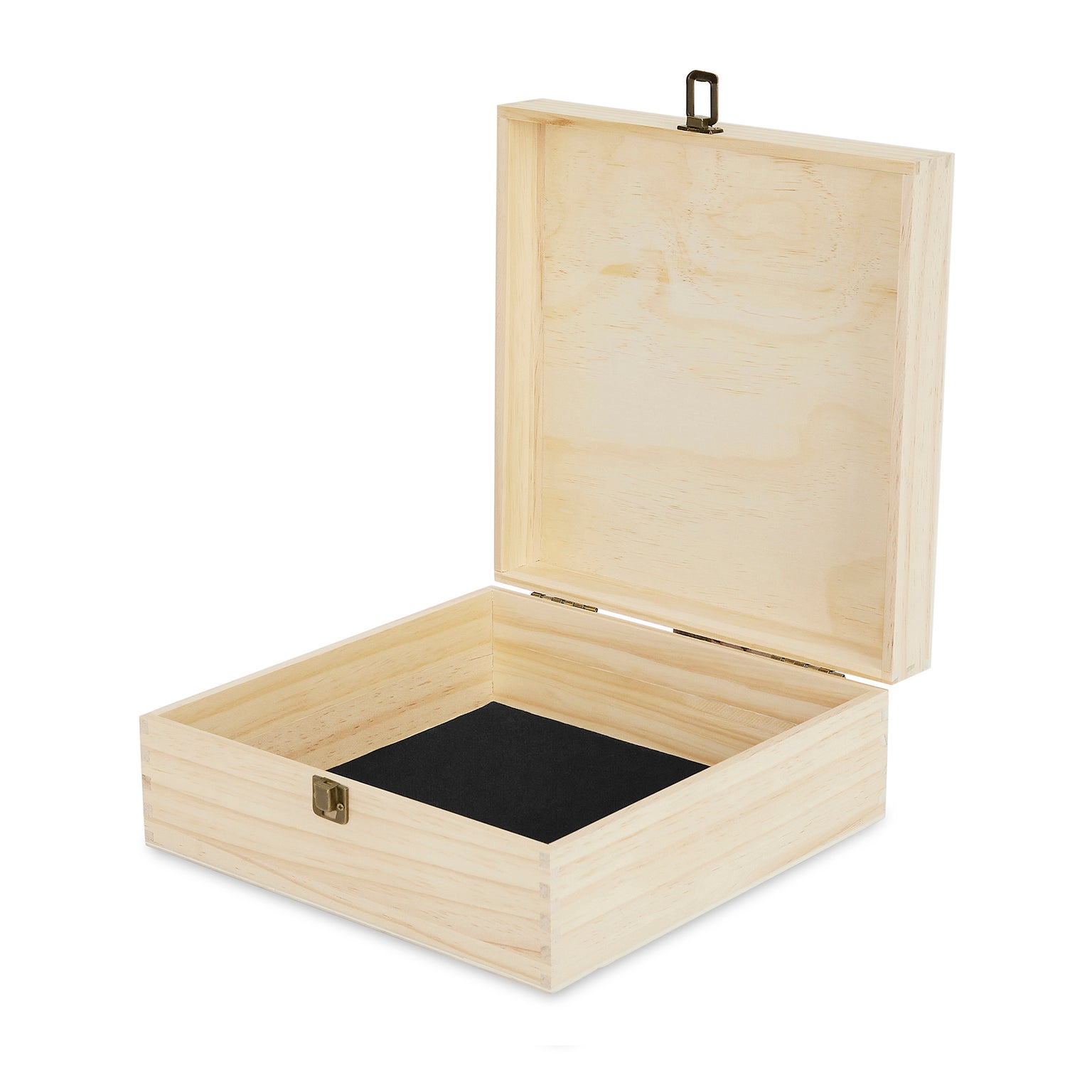 wood storage box, natural, open, hinged lid, felt lined, clasp closure