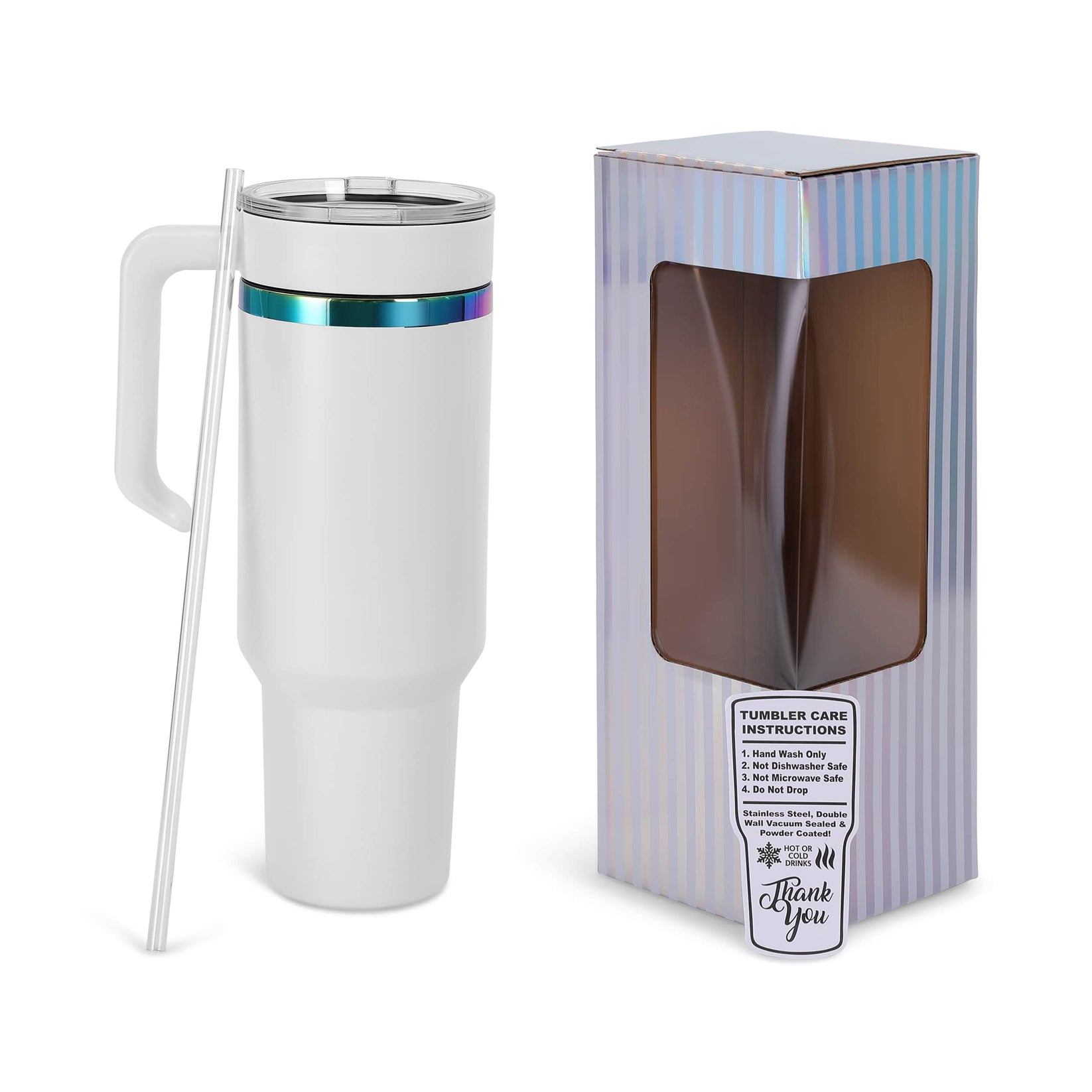 white rainbow plate tumbler with box & handle