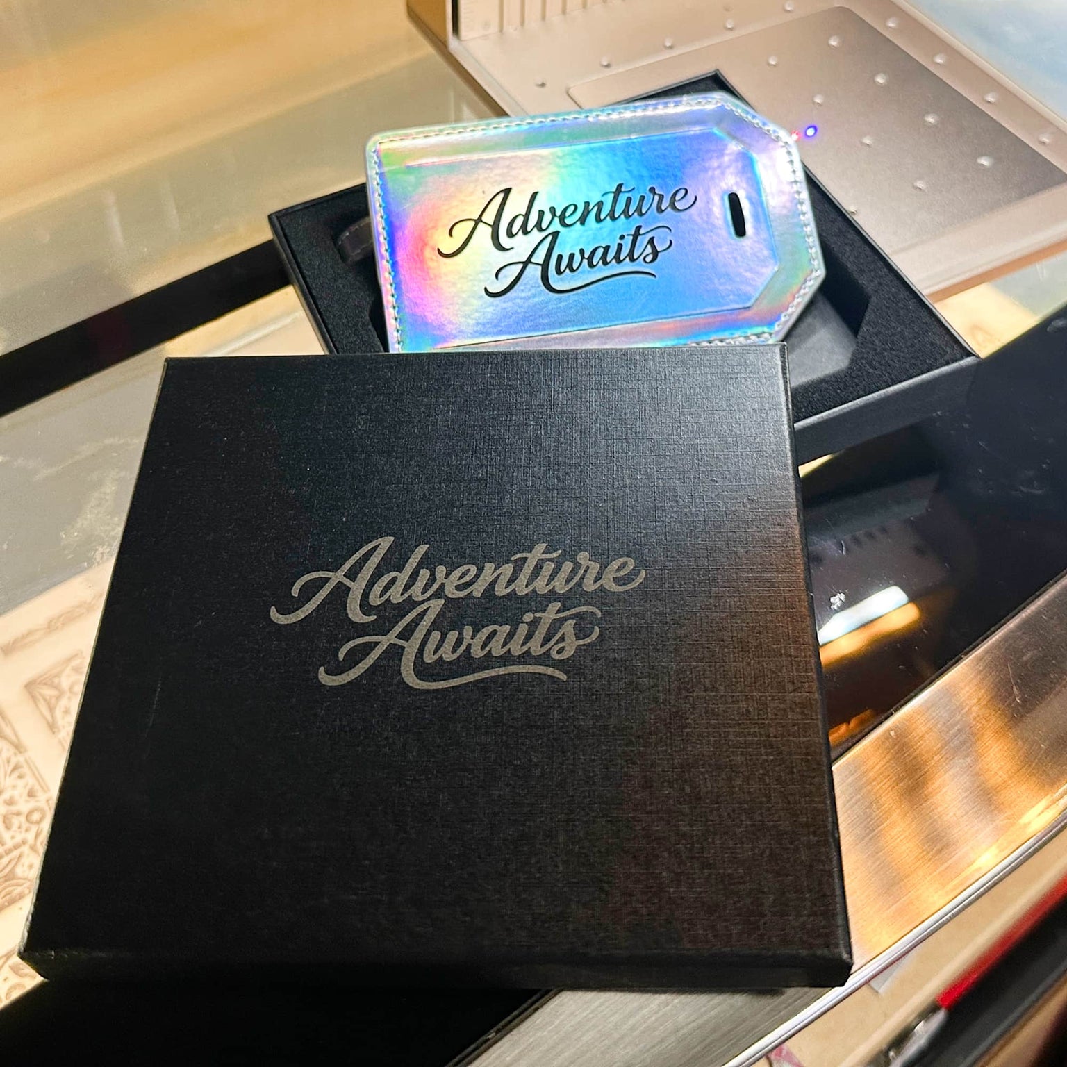 Laserette, Leatherette luggage tag, holographic, engraved privacy flap