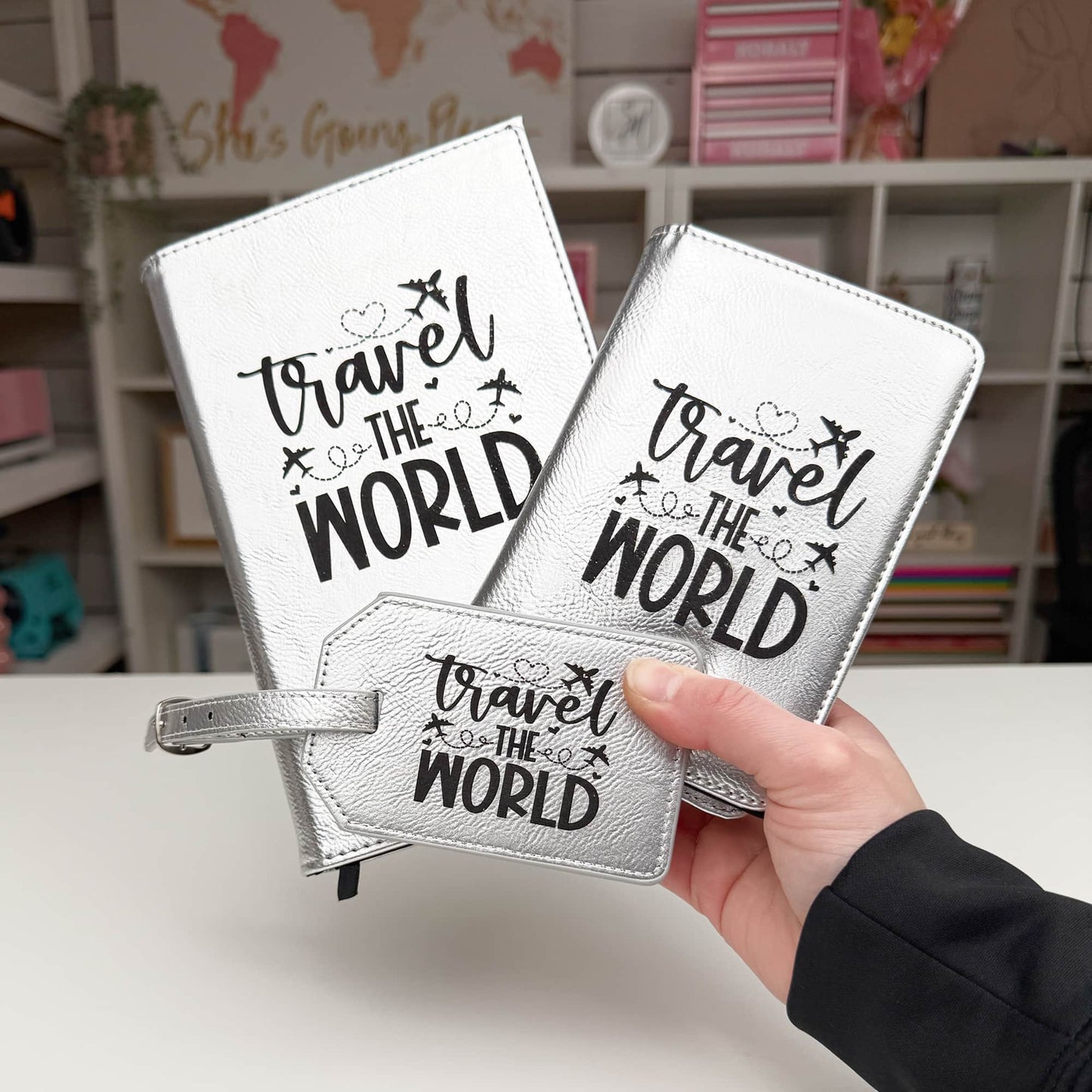 Laserette, Leatherette luggage tag, journal and passport wallet, metallic silver, shown engraved