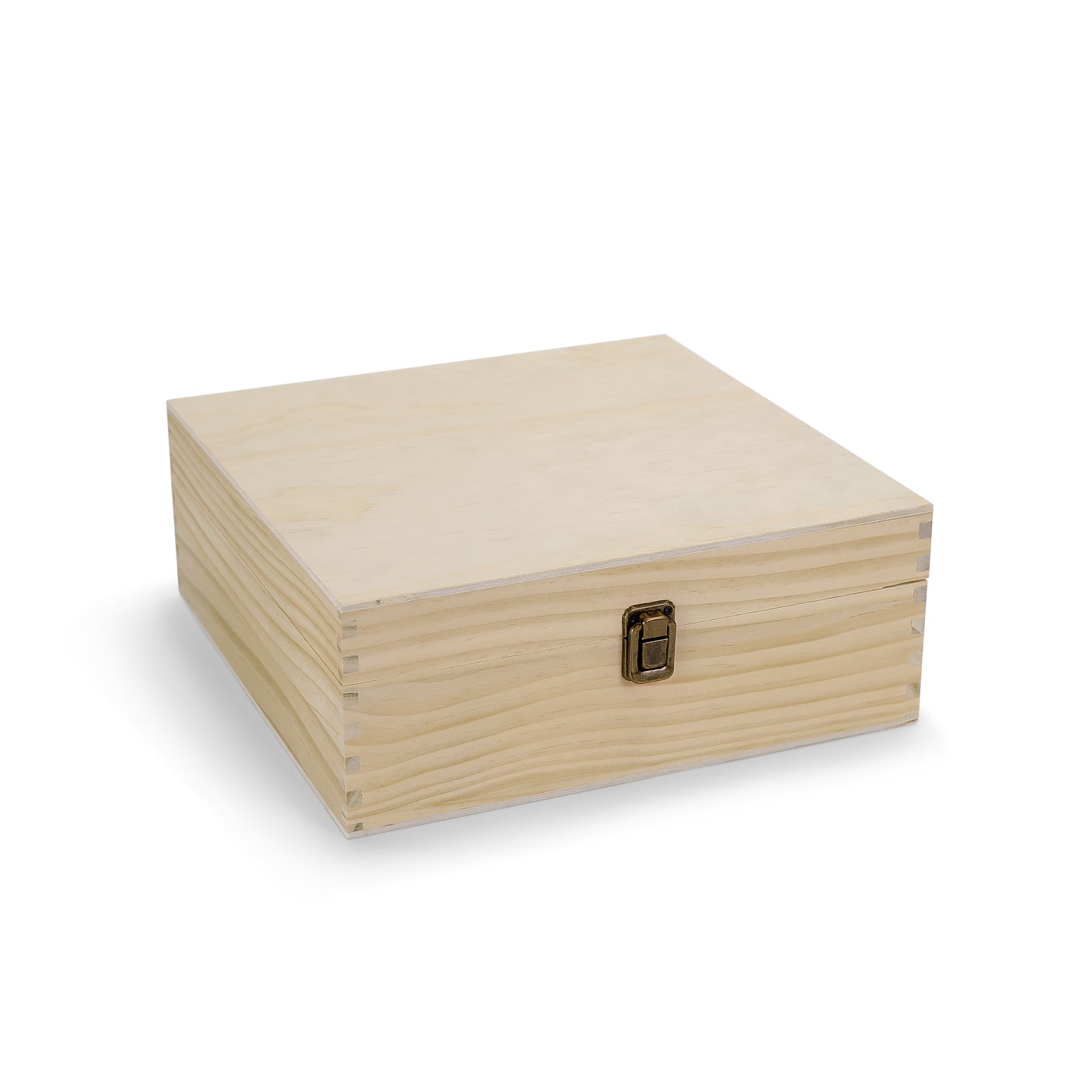 wood storage boxes with hinged lid and front clasp closure