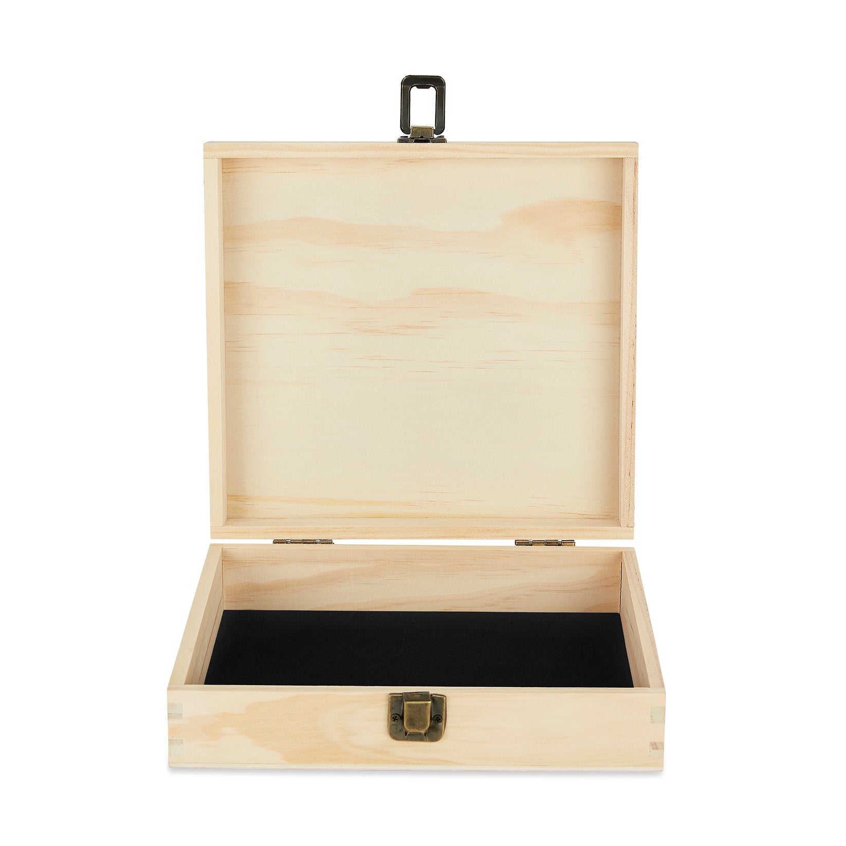 wood cigar box, open, hinged lid, felt lined