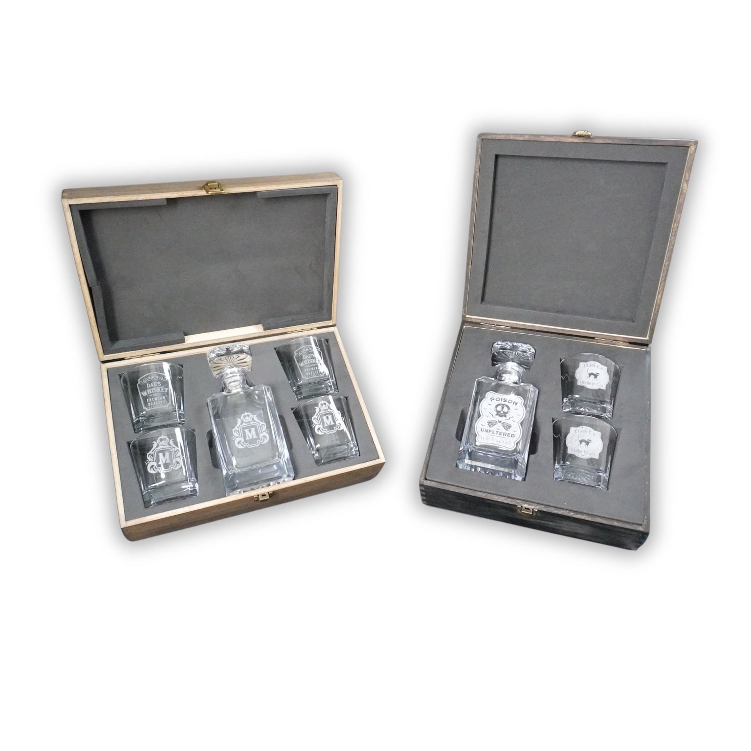 Decanter Sets side by side in hardwood boxes