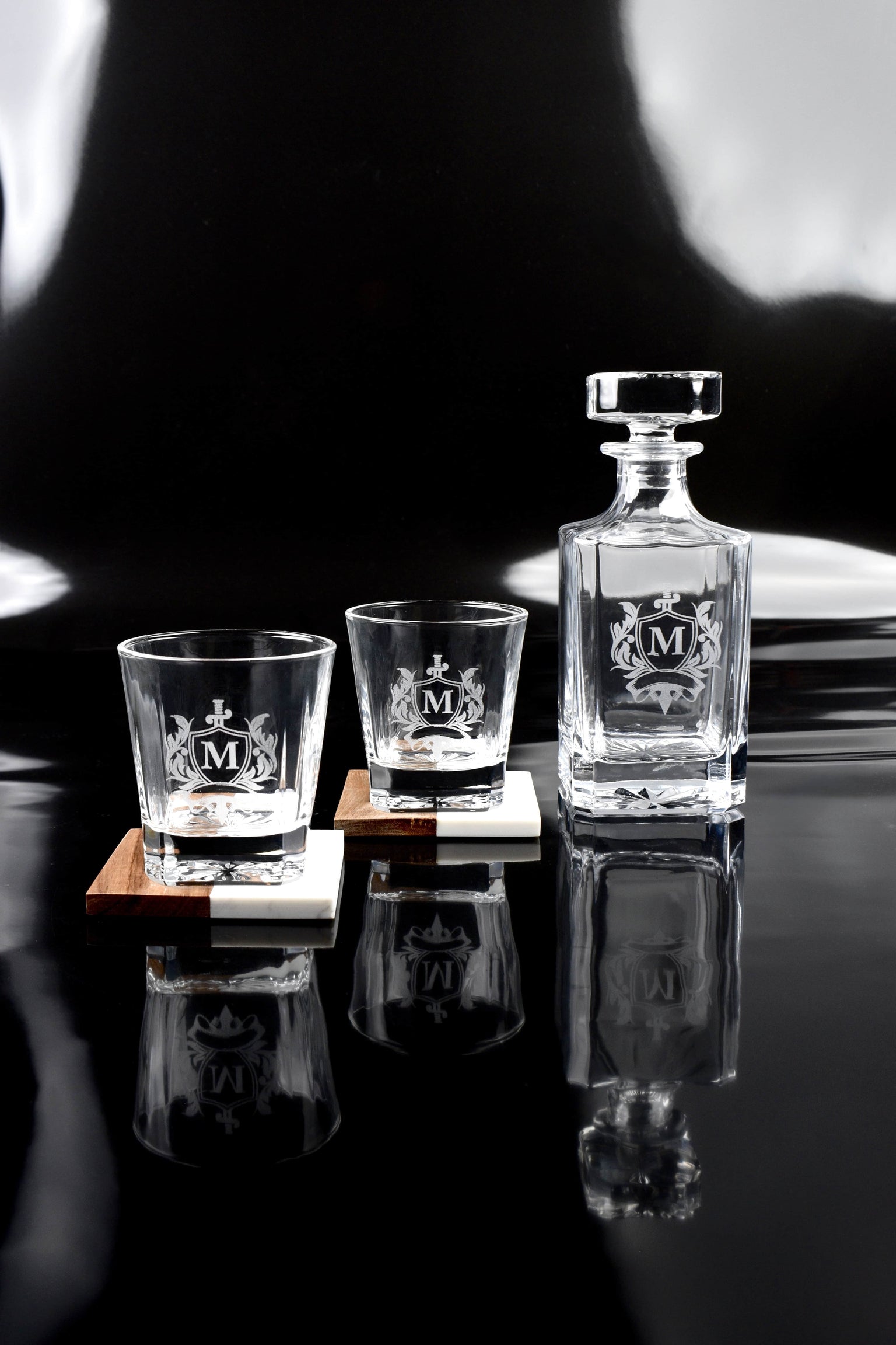 Whiskey decanters & rocks glasses engraved