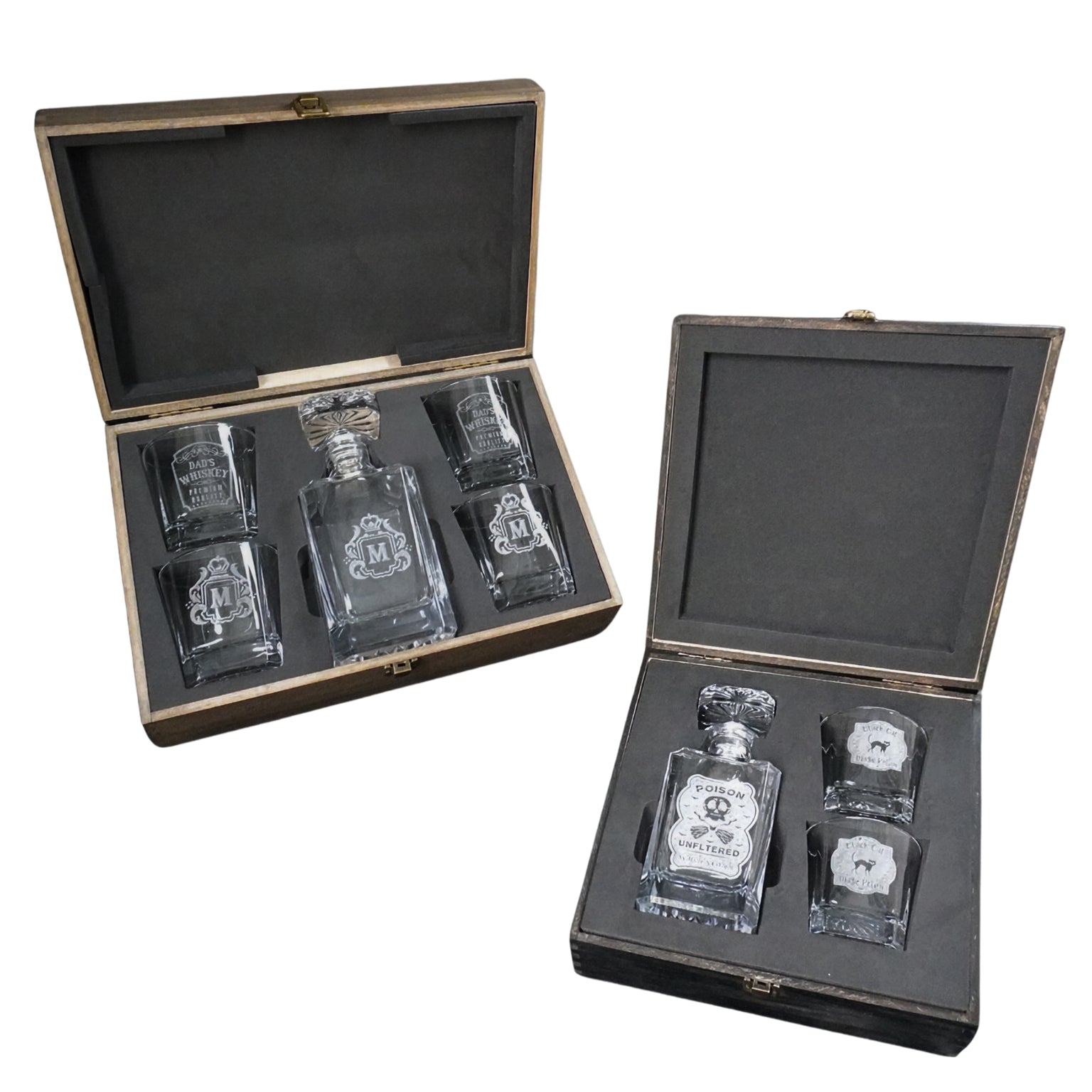 Decanter Sets, shown in box engraved