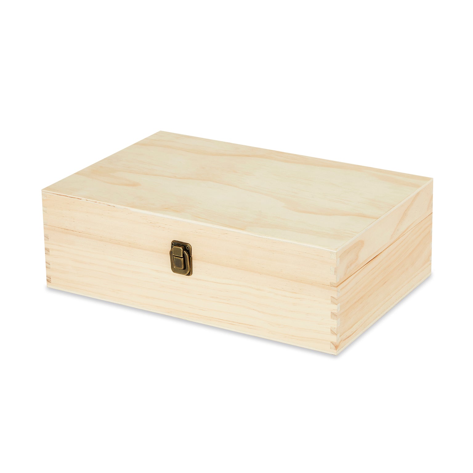 wood keepsake box, natural pine wood, front clasp closure