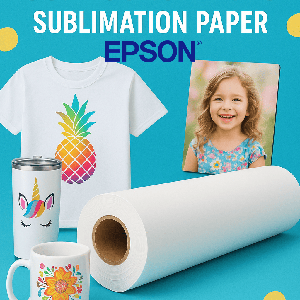 Epson sublimation paper with a t-shirt, mug, and photo frame on a blue background