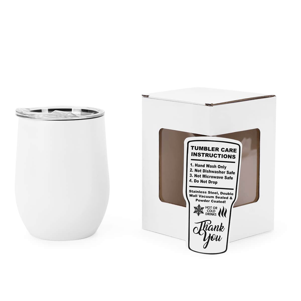 wine tumbler, 12oz, white, powder coated