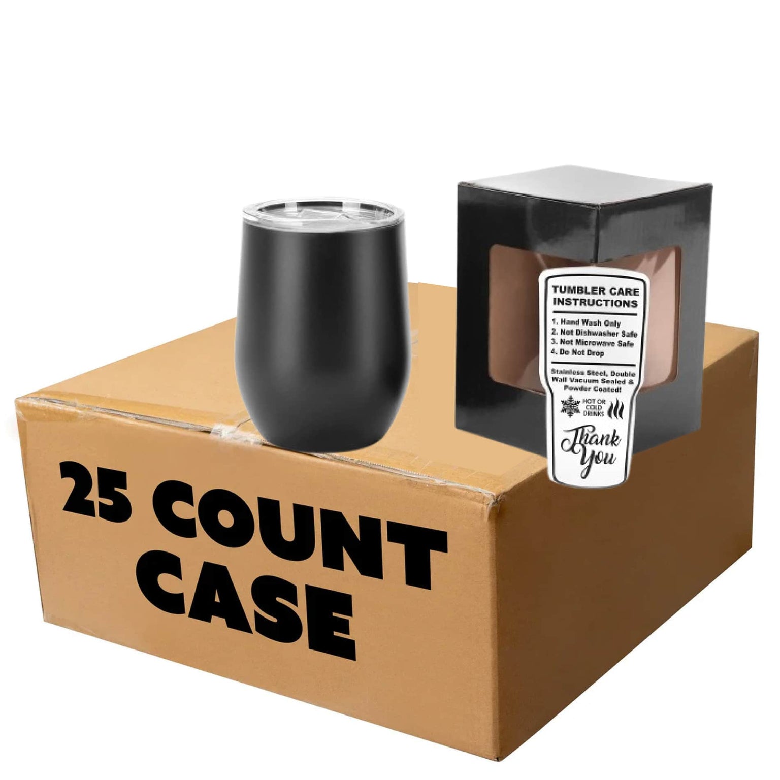 wine tumbler, wholesale, 12oz, black case of 25