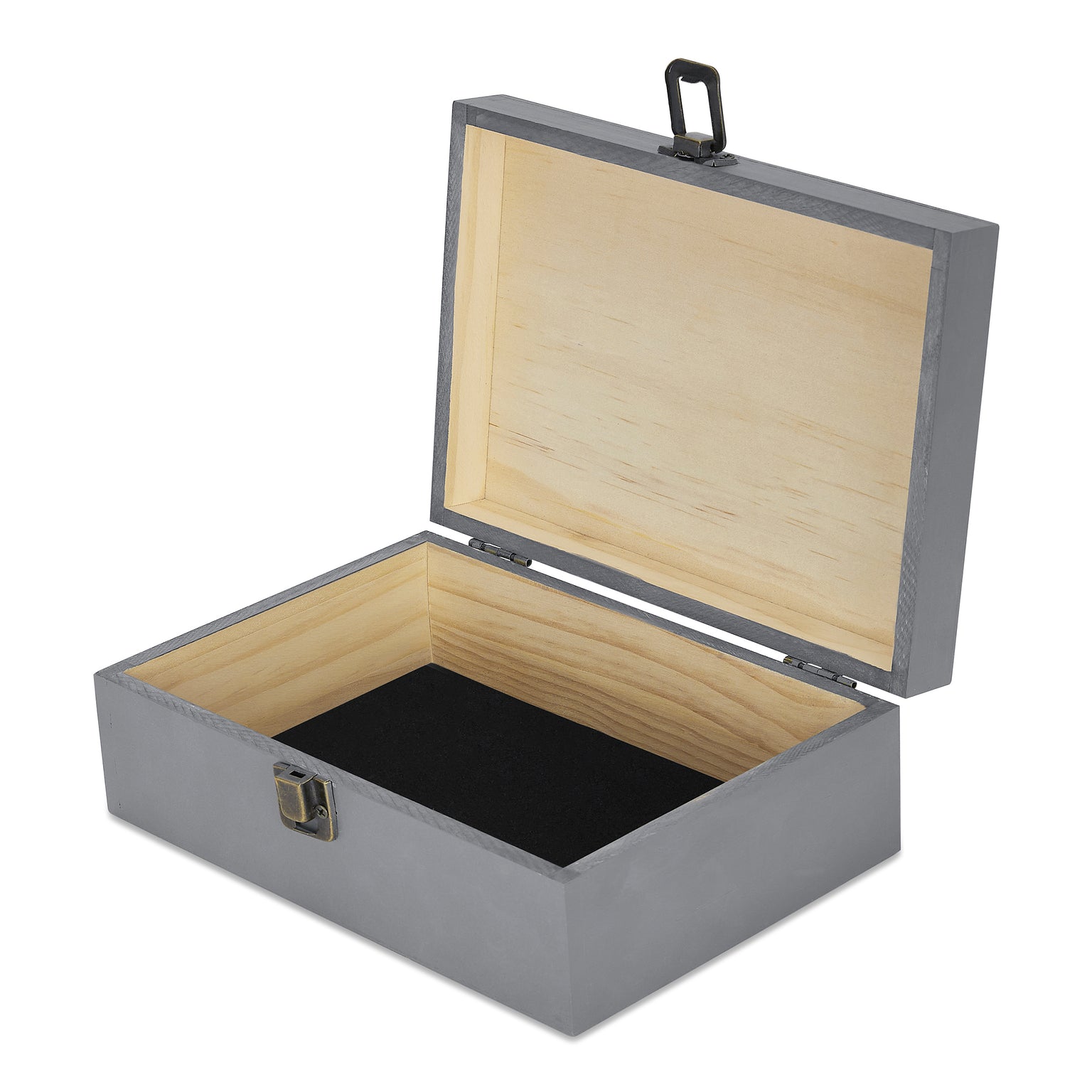 wood memory box, grey, open, hinged lid, clasp close, felt lined
