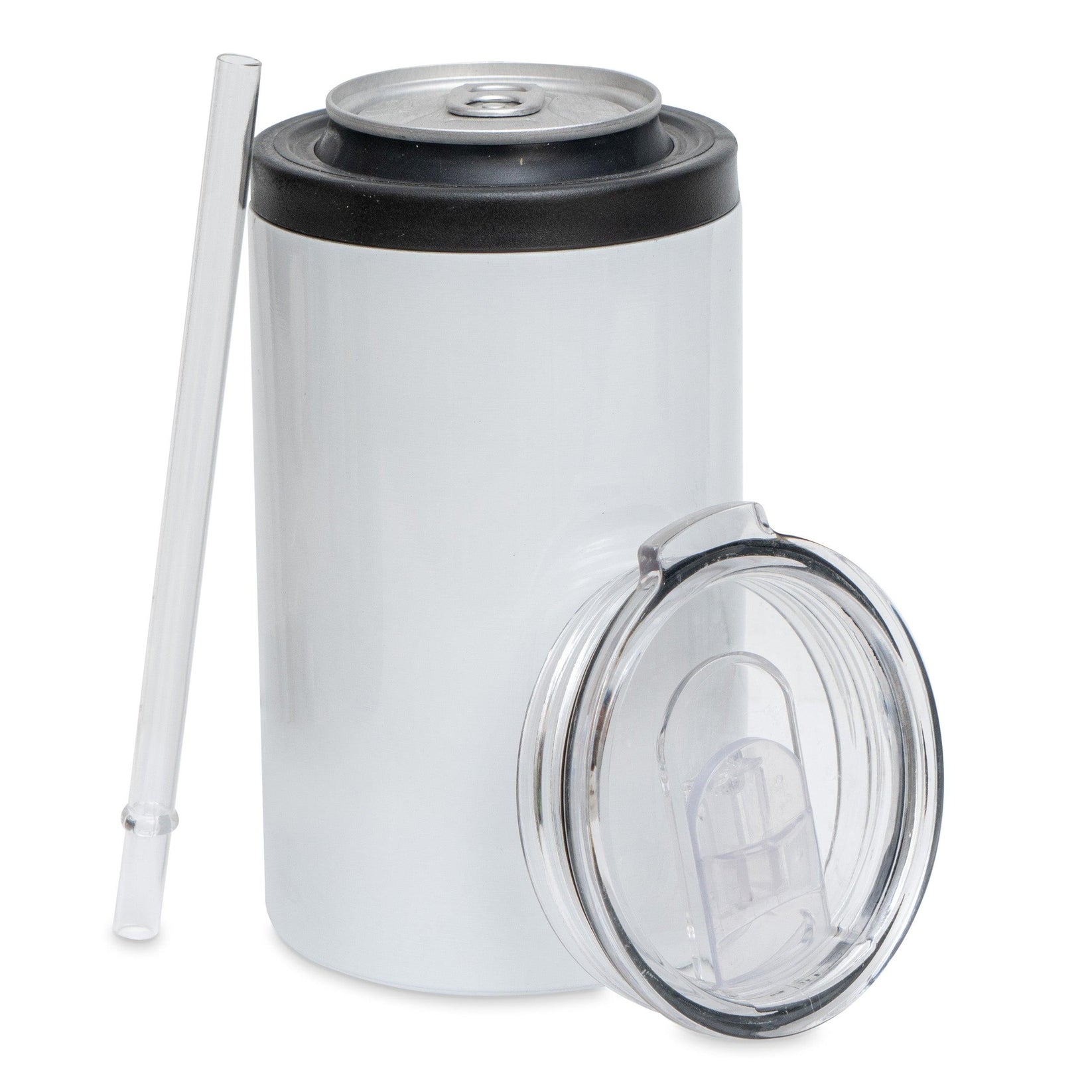 sublimation can cooler, 2 in one, holds cans or 12oz fl oz with lid and straw