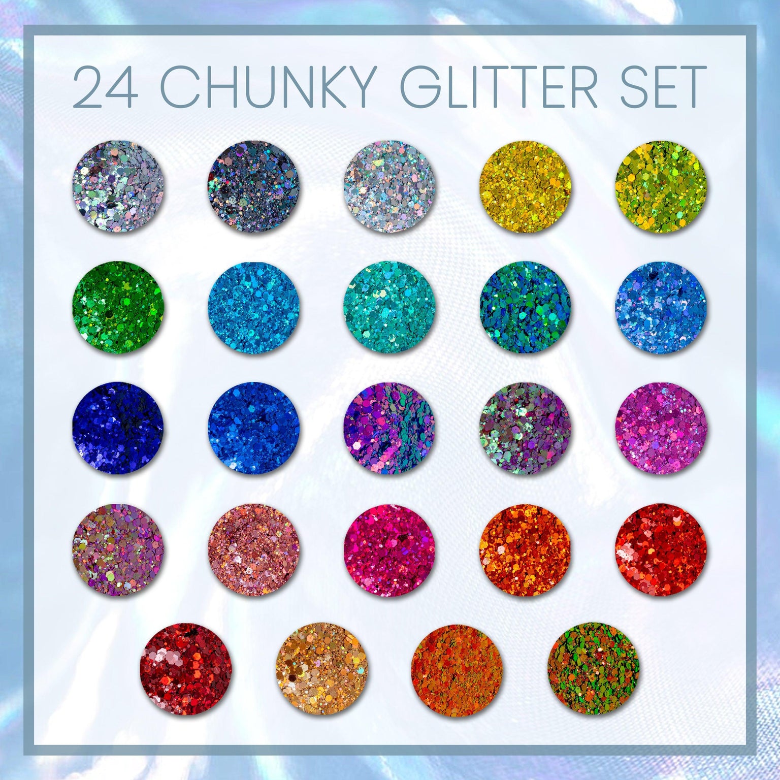 A set of 24 colorful chunky glitter  in various colors, each in a round 2oz shaker bottle.