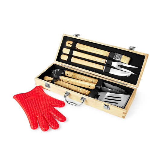 BBQ grill set, in case with utensils and hot glove