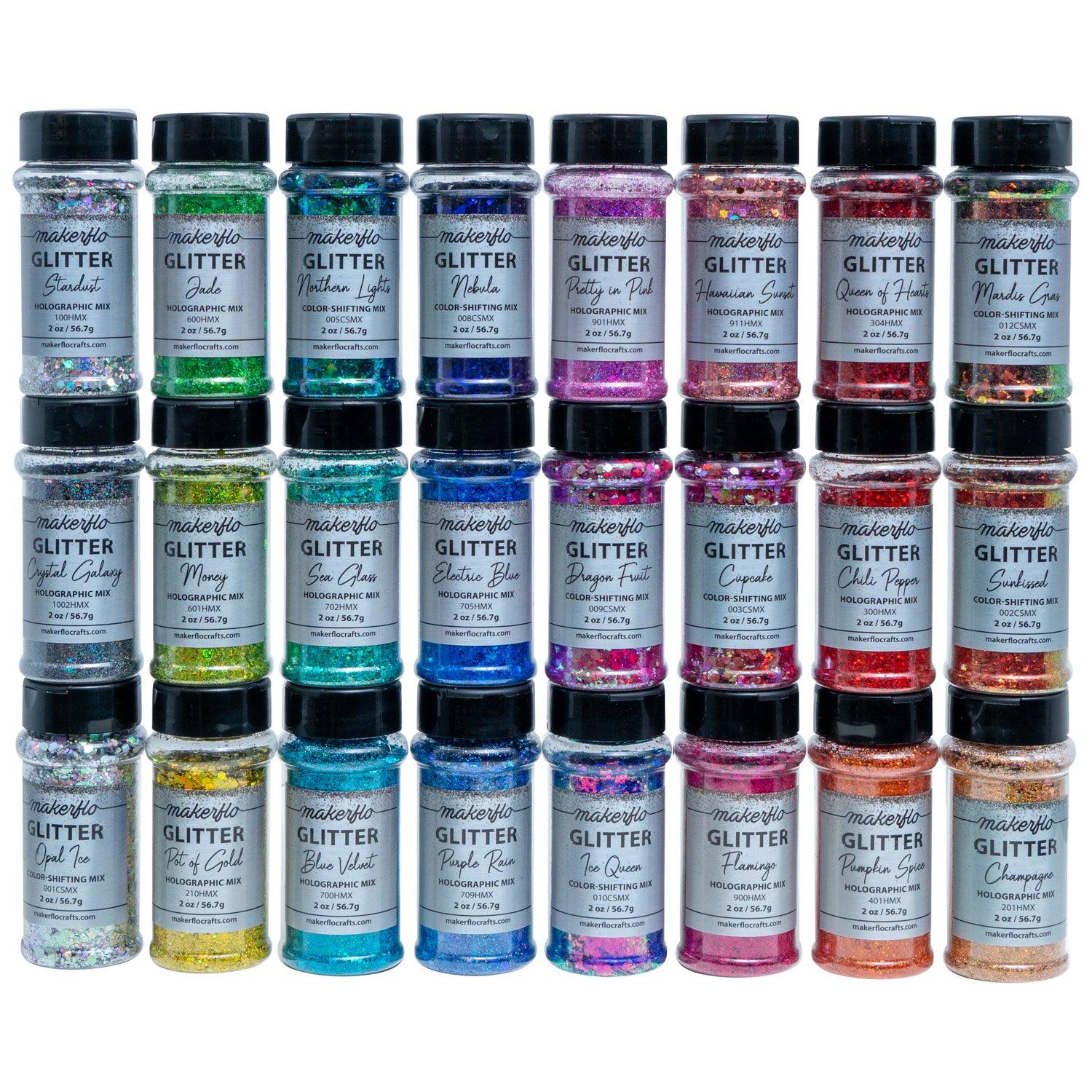 A set of 24 colorful chunky glitter samples in various colors, each in a round shaker bottle.