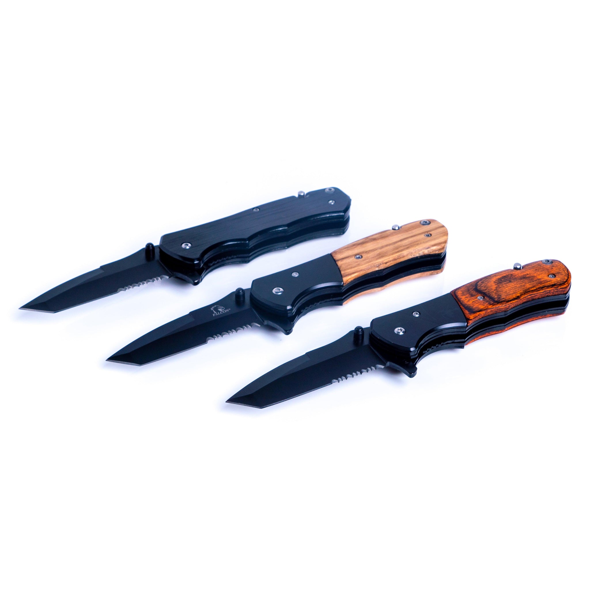 bulk pocket knives, black metal, natural wood and rosewood