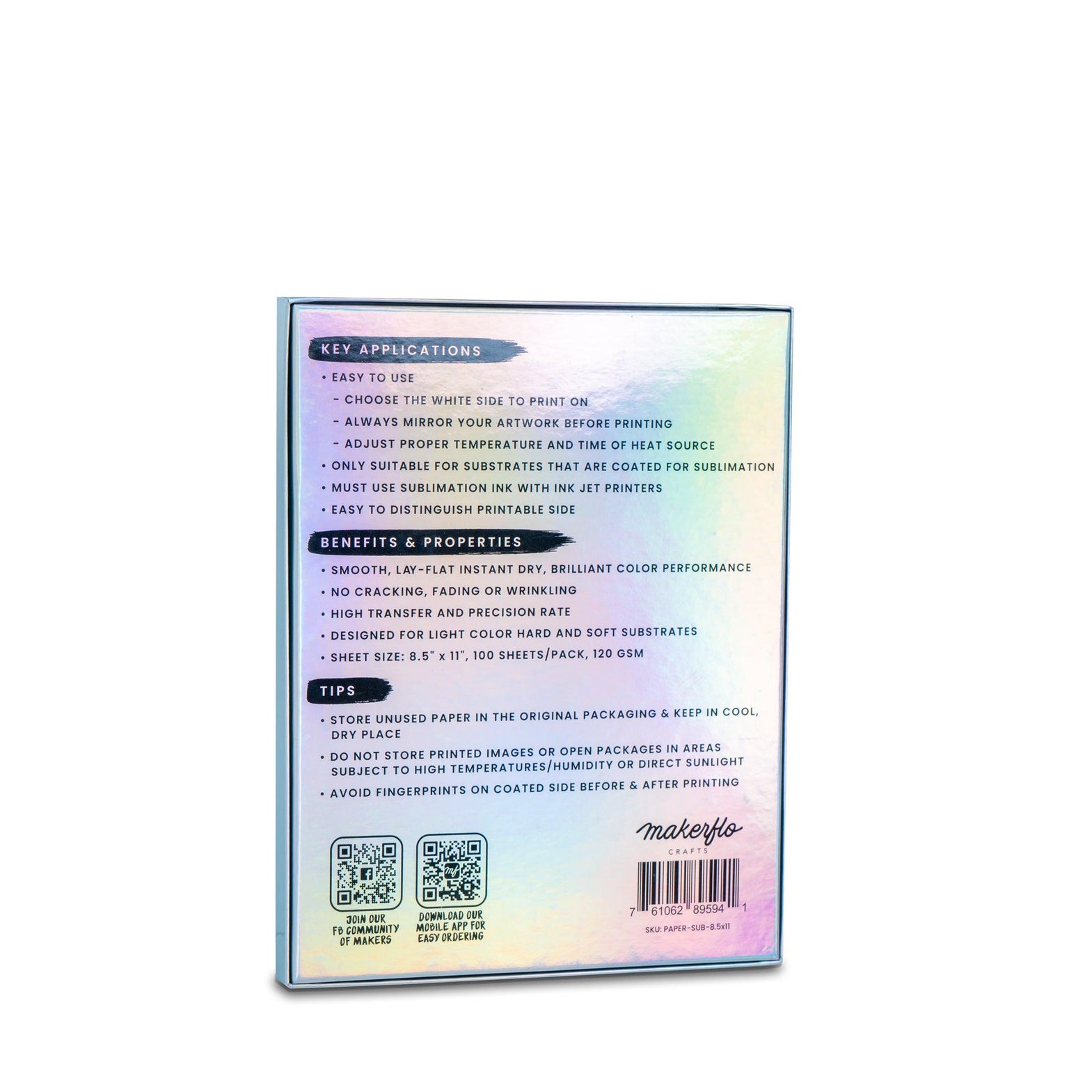 sublimation paper, 8.5x11, back of box
